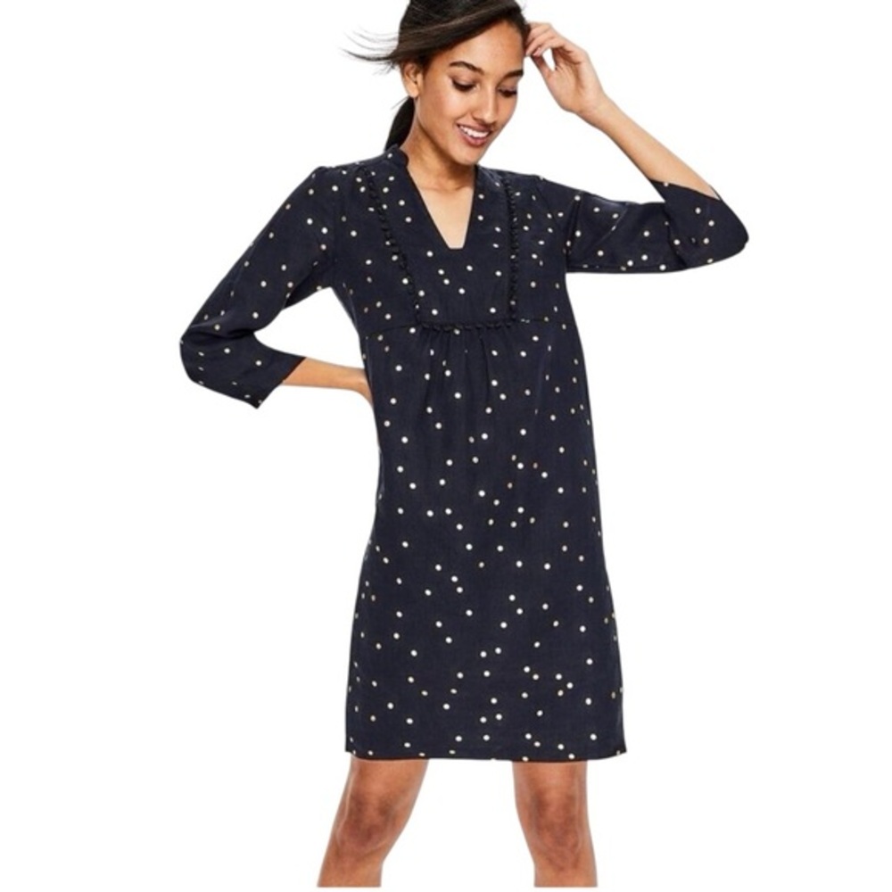Boden Evangeline Linen tunic dress with gold dots & pompom detailing 6Tall EUC